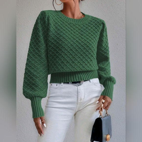 New Chic Chunky Argyle Knit Sweater Top Pullover Green - Picture 2 of 9